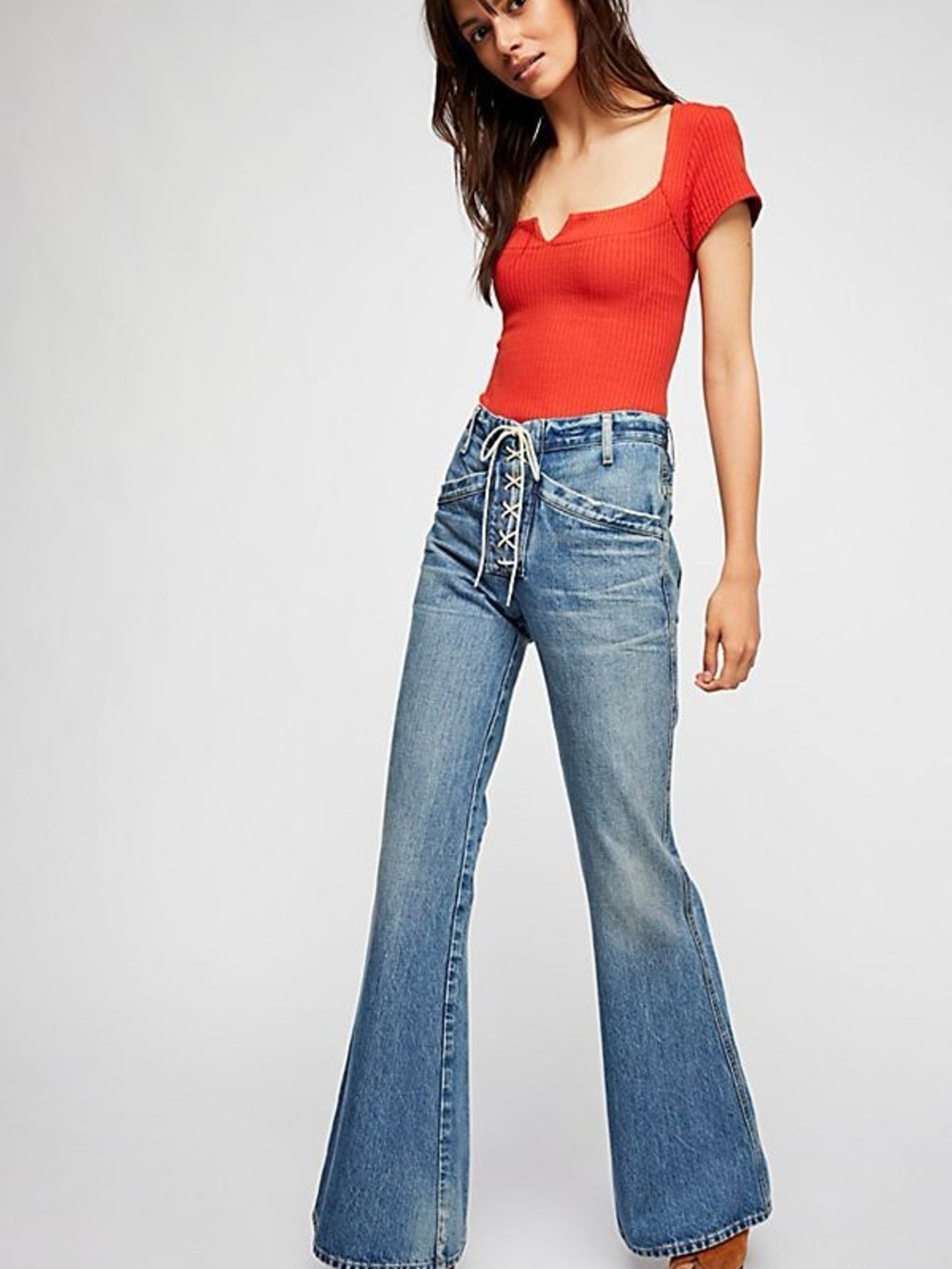Free People Blue Lace-Up High-Rise Flare Jeans NWOT size 26